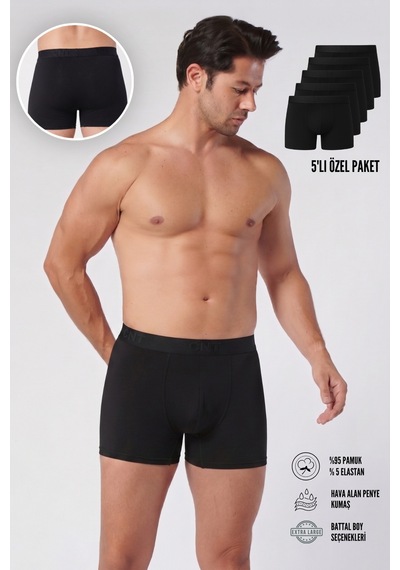 Cnt Erkek Pamuklu Boxer 5'li Paket Siyah Siyah