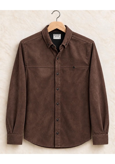 Classics Men Report Uzun Kol Slim Fit Erkek Süet Gömlek - 7784 Kahverengi