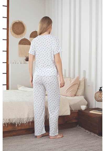 Charme Kadın Kısa Kol Uzun Alt Mavi Çiçek Desenli Romantk Pijama
