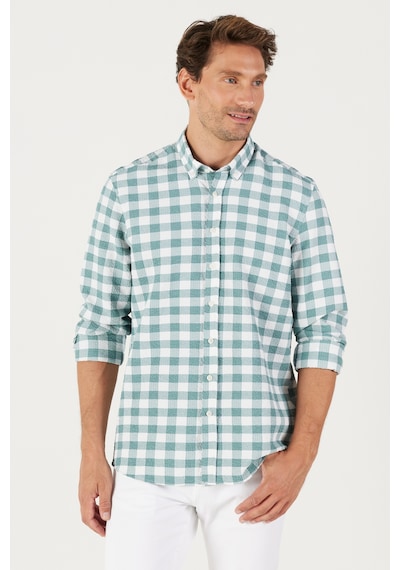 AC&Co / Altınyıldız Classics Erkek BEYAZ YESIL Slim Fit Dar Kesim Düğmeli Yaka Gofre Desenli Gömlek Beyaz - Yeşil