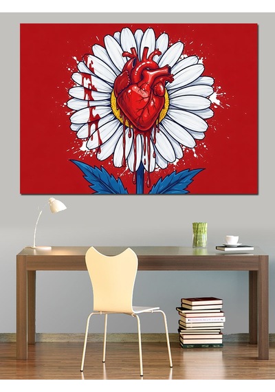 Ahşap Tablo Papatya İçinde Kırmızı Kalp Deseni