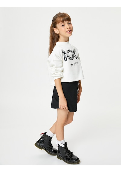 Koton Cumhuriyet Baskılı Crop Sweatshirt Uzun Kollu Bisiklet Yaka Şardonlu Ekru 4wkg10250ak 4WKG10250AK010 Ekru