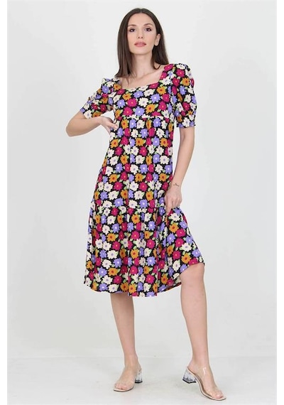 Neşeli Butik Kadın Lila Kare Yaka Eteği Fırfırlı Çiçek Desenli Viskon Elbise Nb10026 Lila