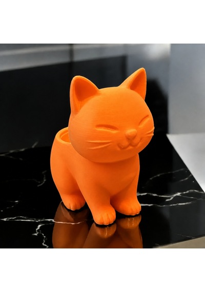 3d Baskı Sevimli Kedi Saksı - Figürlü Sukulent Saksısı-turuncu