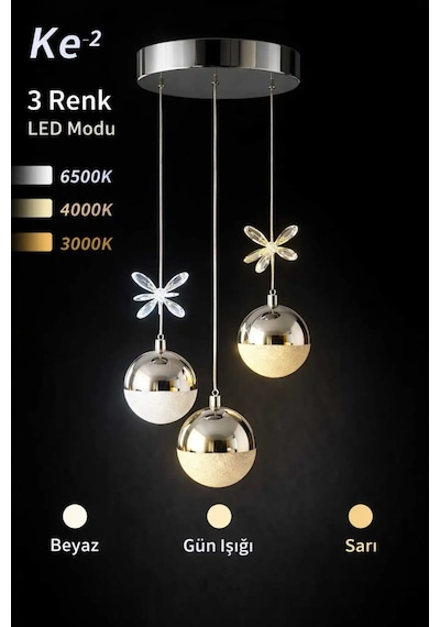 Bohem Aydınlatma Top Sarkıt 3'lü 3renk Led Modern Avize Beyaz/sarı/günışığı Krom