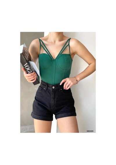 Angbutik Kadın İşçilik V Yaka İnce Askılı Krep Kumaş Crop Büstiyer Zümrüt Yeşili