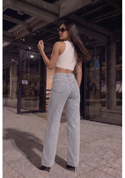 Kadın Açık Mavi Likralı Yüksek Bel Önü Full Taşlı Wide Leg Geniş Paça Jean Kot Pantolon
