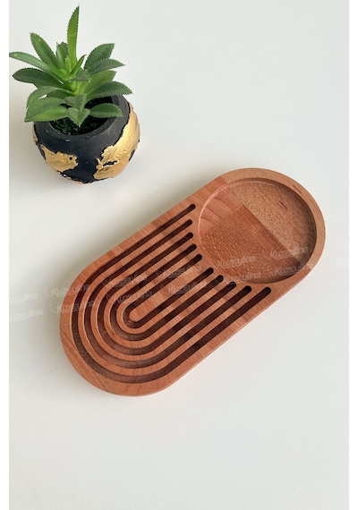 Doğal Ahşap Kahve Sunumluğu Gökkuşağı Desenli Servislik Kayın Ağacı 24x15 Cm - Kl-r-152 Ahşap