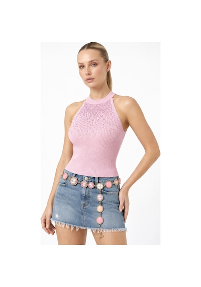 Neden Tekstil Kadın Taşlı Fitilli Halter Yaka Crop Bluz - Açık Pembe