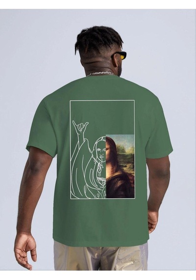 Flood Of Style Erkek Yeşil Mona Lisa Baskılı Bisiklet Yaka Tshirt