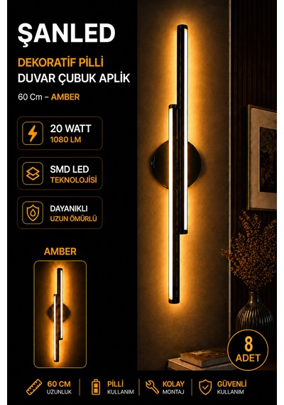 Dekoratif 20w İç Mekan Siyah Kasa Amber Işık 60 Cm Duvar Aplik Pilli 8 Adet