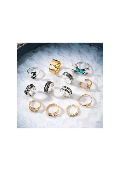 Morva 12 Adet Turkuaz Taşlı Vintage Çoklu Ayarlanabilir Gold Silver Ayak Parmak Yüzük Seti Altın