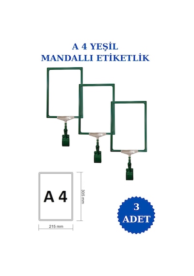 3 Adet Yeşil A4 Mandallı Raf Sepet Etiketi Çerçeveli Etiketlik Yeşil