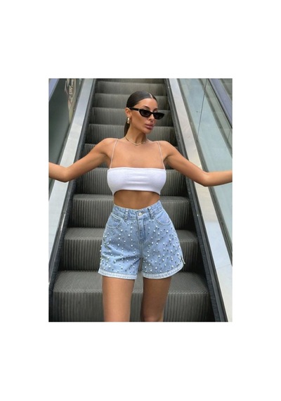 Kene Jeans Paça Yırtmaç Buz Kar İnci Detaylı Yüksek Bel City Boy Denim Şort Buz Kar