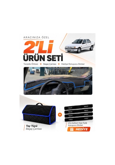 E-biz Renault 19 Europa 1996-2003 Uyumlu Torpido Örtüsü + Tay Tüyü Çanta - Siyah-mavi - Re004