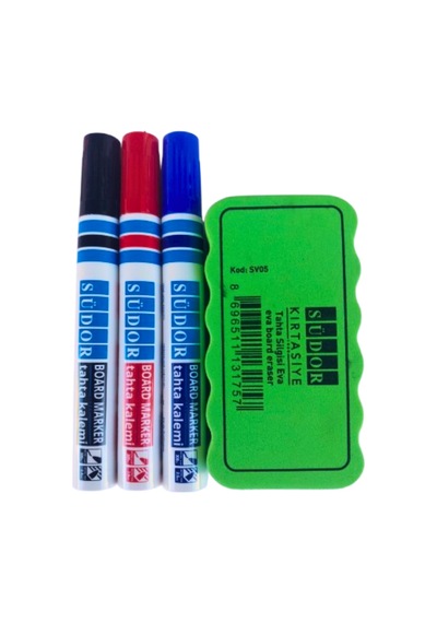 3 Renk Tahta Kalemi Ve Mıknatıslı Tahta Silgisi Bordmarker 1 Set Südor Çok Renkli