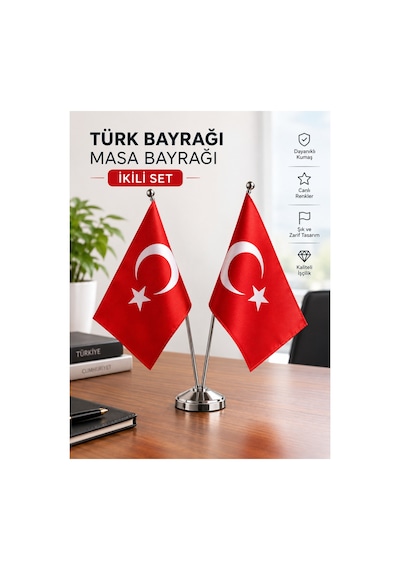 Türk Bayrağı Masa Bayrağı İkili Set Masaüstü Bayrak Seti Direk İle Birlikte Standart