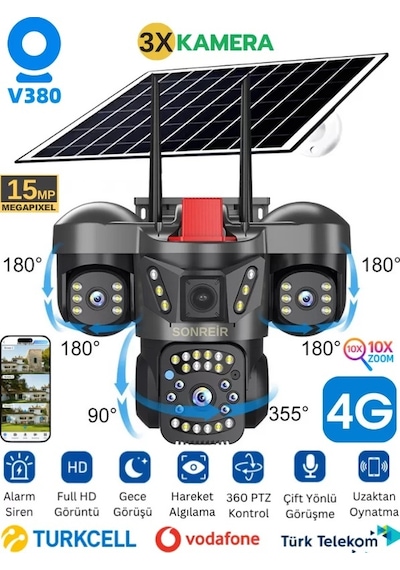 Rxg 3 Kameralı Solar Güvenlik Kamerası 4g Sim Kartlı Ptz Hareketli Gece Görüşlü Güneş Panelli Kamera