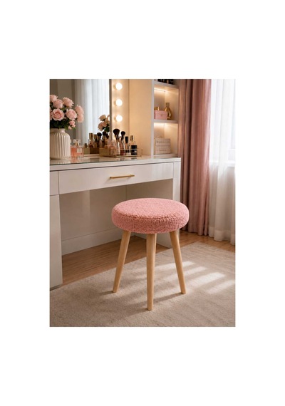 Solo Teddy Kumaş Kaplı Tabure Puf Makyaj Masası Mutfak Balkon Salon Ahşap Ayaklı Tabure Gülkurusu Gülkurusu