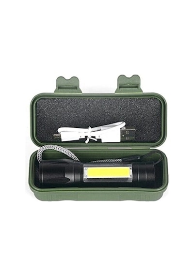 Usb Şarjlı Zoomlu Mini El Feneri 3 Mod Yan Cob Led Çakar Q5 Güçlü Işık Kutulu