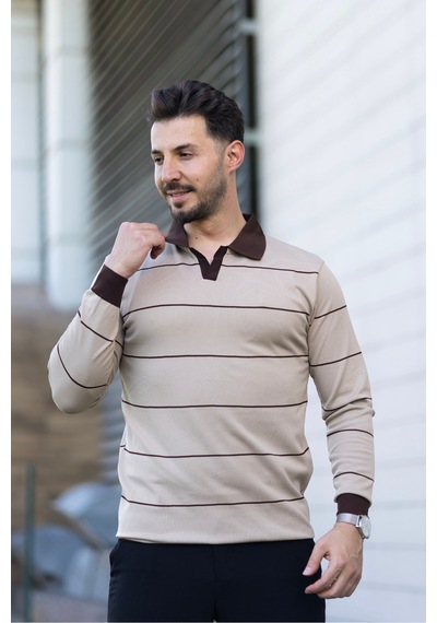 Hk Premium Çizgili Polo Yaka Slim Fit Triko Kazak Bej