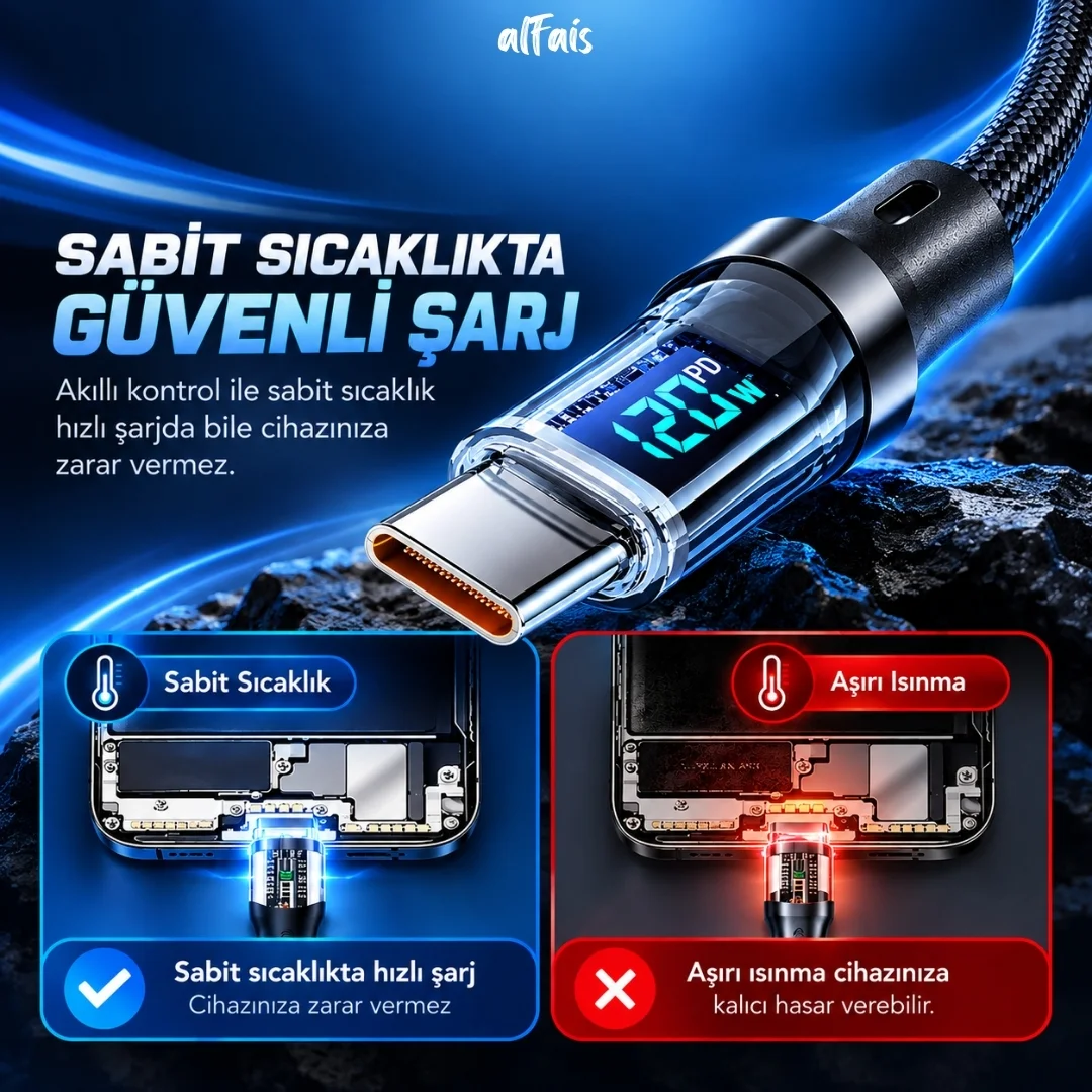 Usb Type C Hızlı Telefon Data Şarj Kablosu Led Ekranlı Dijital 120w Veri Kablosu 1 Metre