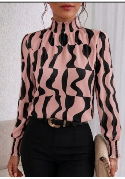 Kadın Uzun Kollu Balıkçı Yakalı Desenli Süprem Bluz Pembe