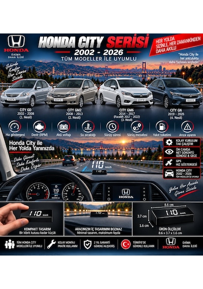 Honda City 2002-2026 Modeller İçin Head Up Display Hayalet Gösterge Ekranı Ön Cam Hız Göstergesi