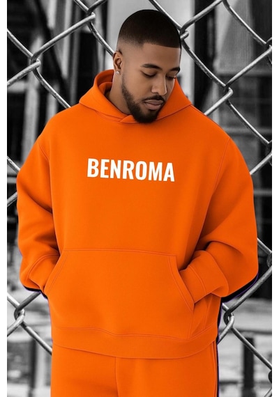 Benroma 3 İplik Penye Baskılı Büyük Beden Sweatshırt Turuncu