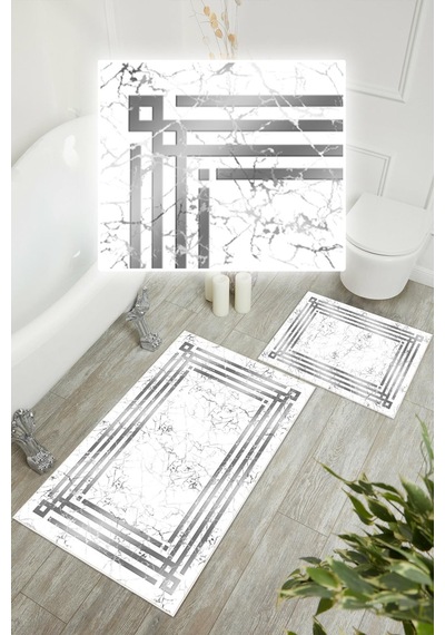 Dijital Baskı Mermer Desen Çerçeveli Kaymaz Taban 2li Set Banyo Paspası Klozet Takımı 50x60cm-60x100cm gri