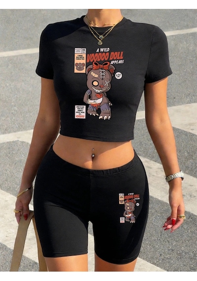 Tarzsokak Seksi Komik Oyuncak Ayı Baskılı Babby Tee Şort Kadın Yazlık İki Parça Takım Tişört Pantolon Yü Siyah