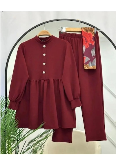 Lovie Moda Kadın Taş Düğmeli İkili Takım Bordo