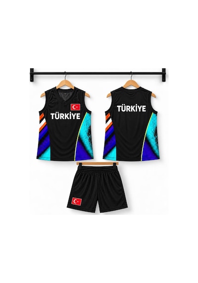 Sonvadi Çocuk Basketbol Forması Türkiye Armalı Siyah-turkuaz 3 Parça Çorap Turkuaz