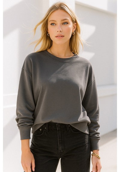 Kadın Füme Pamuklu İnterlock Oversize Sweatshirt Füme