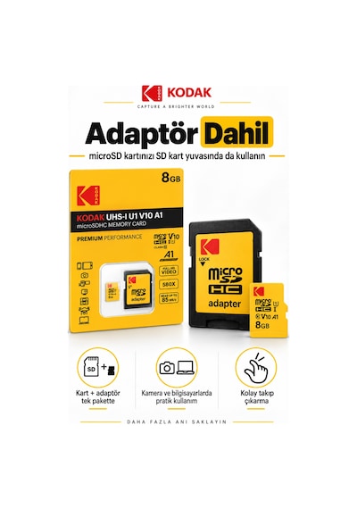 8gb Microsdhc Hafıza Kartı Uhs-ı U1 V10 A1 85 Mb/s Full Hd Destekli Sd Adaptörlü
