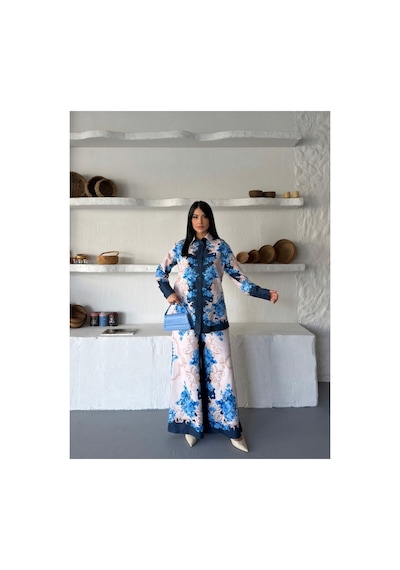 Wellway İthal Babel Kumaş Çiçekli Tunik Gömlek & Pantolon 2li Takım-koyu Mavi-26107 Çok Renkli