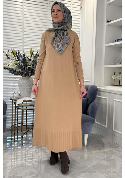 Rabia Şamlı İsra Triko Elbise Bej Normal