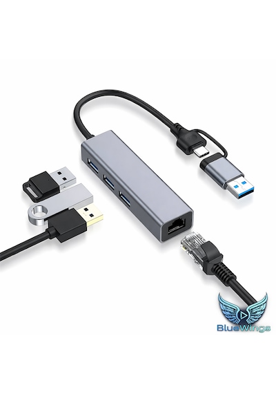 Multi Girişli Usb Type-c Ethernet Adaptör 3 Port Usb 3.0 Hub Rj45 Gigabit 1000 Mbps Lan Dönüştürücü Apple Uyumlu Macbook / Laptop