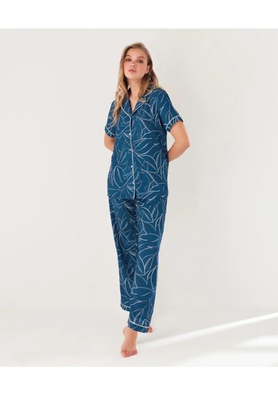 Blu Dream 10104 Dokuma Viscon Önden Düğmeli Kısa Kol Pijama Takımı Lacivert