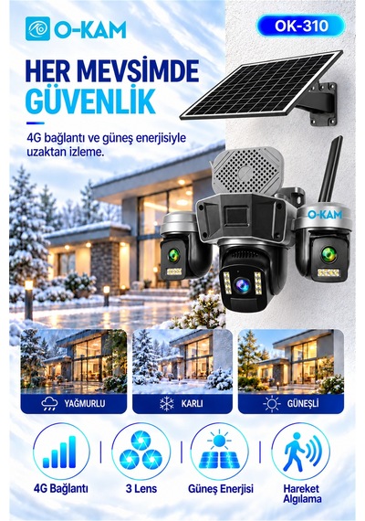 O-kam Ok-310 4g 3 Lensli Güneş Panelli Sirenli Güvenlik Kamerası