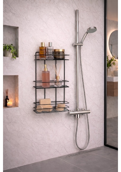 Sas Haus 3 Katlı Siyah Yapışkanlı Banyo Rafı, Şampuanlık Duş Düzenleyici, Paslanmaz Metal Banyo Duvar Askısı - TŞ-03