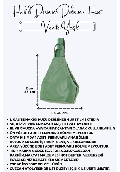 Viente Yeşil Hakiki Deri Kadın El Omuz Ve Sırt Çantası Yeşil