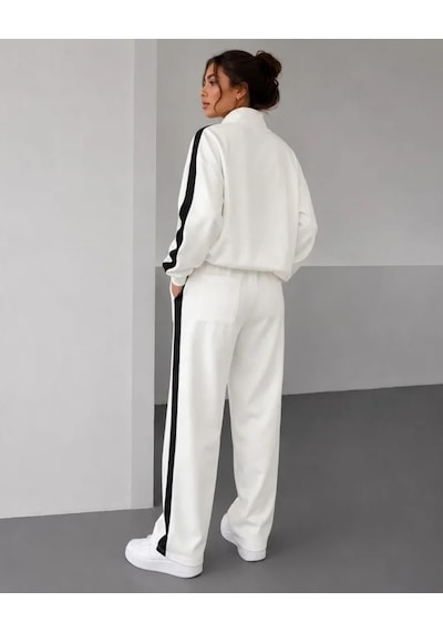 DefyModa Scuba Kumaş Oversize Şerit Detaylı Fermuarlı Alt Üst Eşofman Takımı - Beyaz