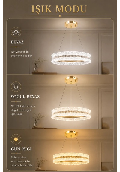 Modern Premıum Sarkıt Avize Gold Kasa Üç Renk Led Taşlı Lüx Avize 140w