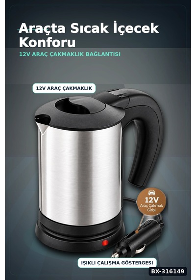 Araç İçi Su Isıtıcı Kettle 12v Çakmaklık Girişli Çelik Gövdeli Termos Kupa Bx-316149