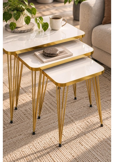 Sulorahome Gold Tel Zigon Sehpa Takımı Beyaz 3'lü Beyaz - Altın