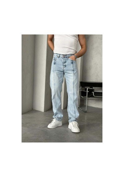 More Black Tasarım Kar Yıkamalı Dikişli Baggy Pantolon Mavi