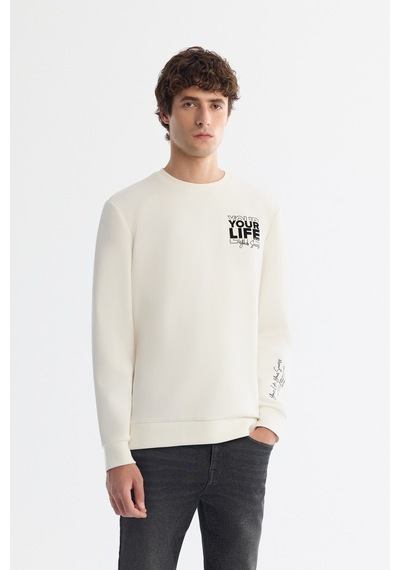 Avva Erkek Ekru Bisiklet Yaka Pamuklu Baskılı Elastan Regular Fit Sweatshirt A42y1206