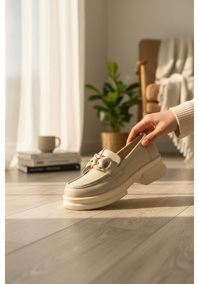 Enoch Kadın Rugan Dokulu Zincir Detaylı Maskülen Comfort Loafer Ten
