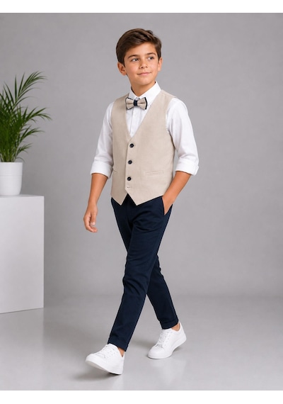 Classics Men Erkek Çocuk Smokin Takım Elbise Yelekli Papyonlu Krem
